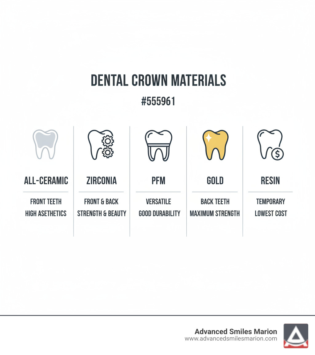 Infographic showing five dental crown materials with icons: All-Ceramic crowns for front teeth with high aesthetics, Zirconia crowns for front and back teeth with balanced strength and beauty, PFM crowns for versatile placement with good durability, Gold crowns for back teeth with maximum strength, and Resin crowns for temporary use with lowest cost - dental crown materials infographic 