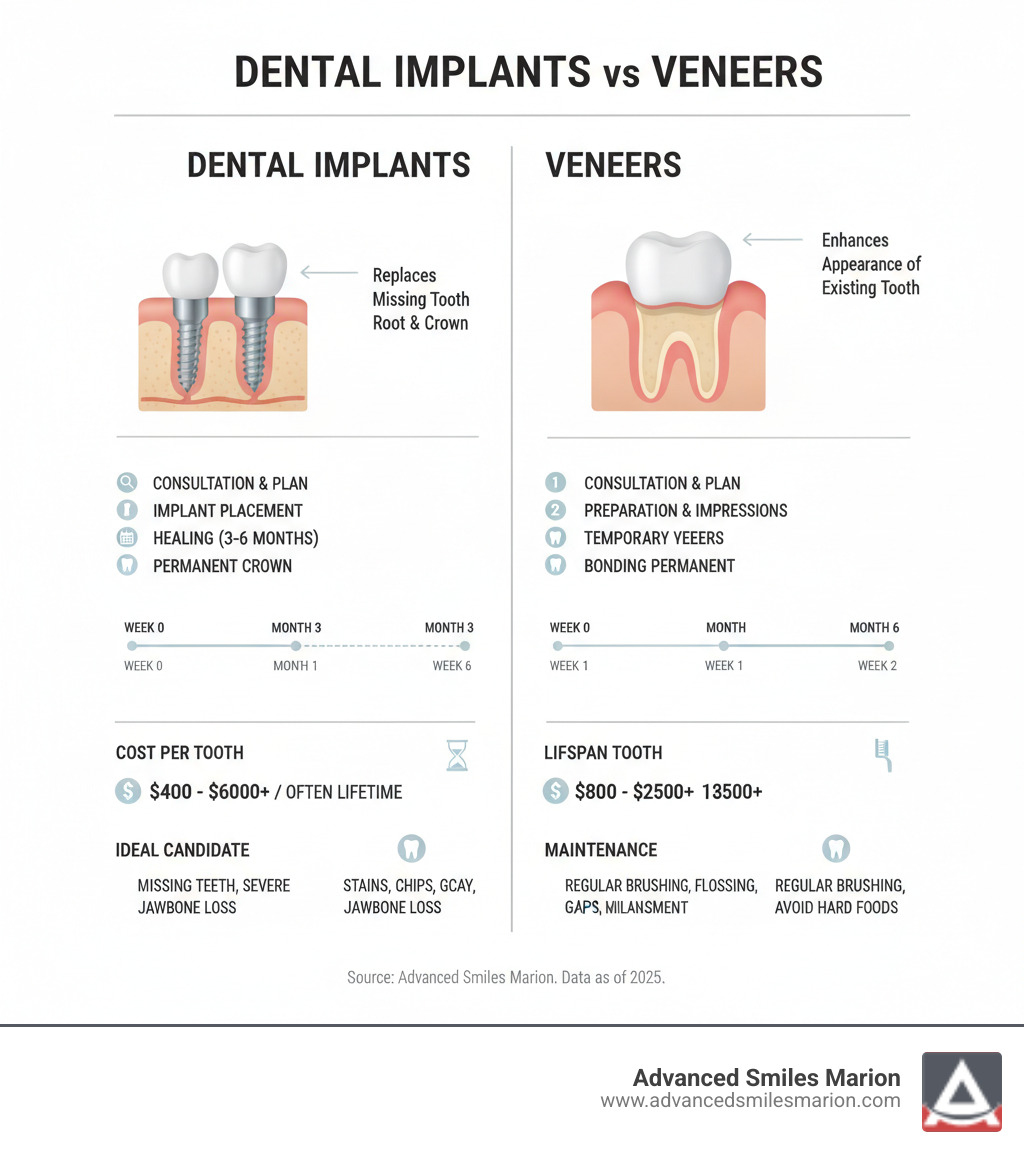 Detailed infographic comparing dental implants vs veneers side by side, showing the procedure steps for each, visual diagrams of how they attach to teeth, timeline from consultation to completion, cost ranges, expected lifespan, ideal candidates for each treatment, and maintenance requirements - dental implants vs veneers infographic 