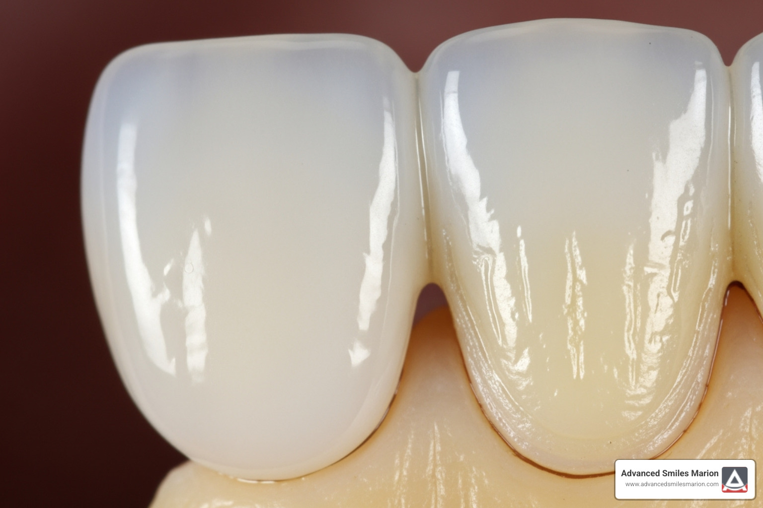 close-up showing a porcelain veneer next to a natural tooth, highlighting the thinness and translucency - dental implants vs veneers