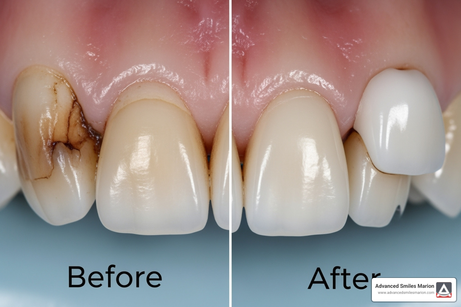 Side-by-side comparison of a tooth before and after a dental crown - how long root canal