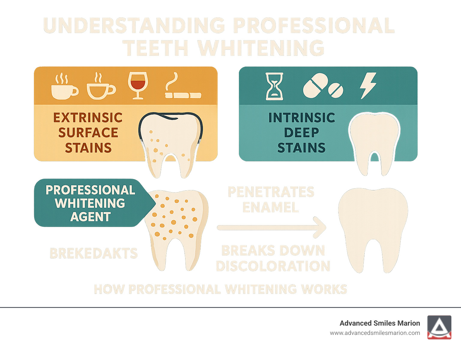 Comparison infographic showing the difference between extrinsic surface stains (caused by coffee, tea, wine, and tobacco) and intrinsic deep stains (caused by aging, medications, and trauma) with visual representation of how professional whitening agents penetrate tooth enamel to break down both types of discoloration - dentist teeth whitening infographic 