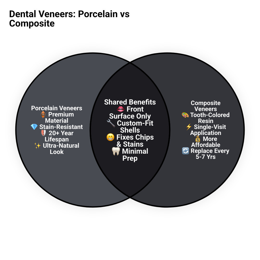Infographic showing the layers of a dental veneer: natural tooth enamel at the base, a thin layer of bonding cement in the middle, and the custom porcelain or composite shell on top; includes labels for veneer thickness (less than 0.5mm), material types (porcelain vs composite resin), and key benefits such as stain resistance and natural appearance - dental veneers infographic venn_diagram