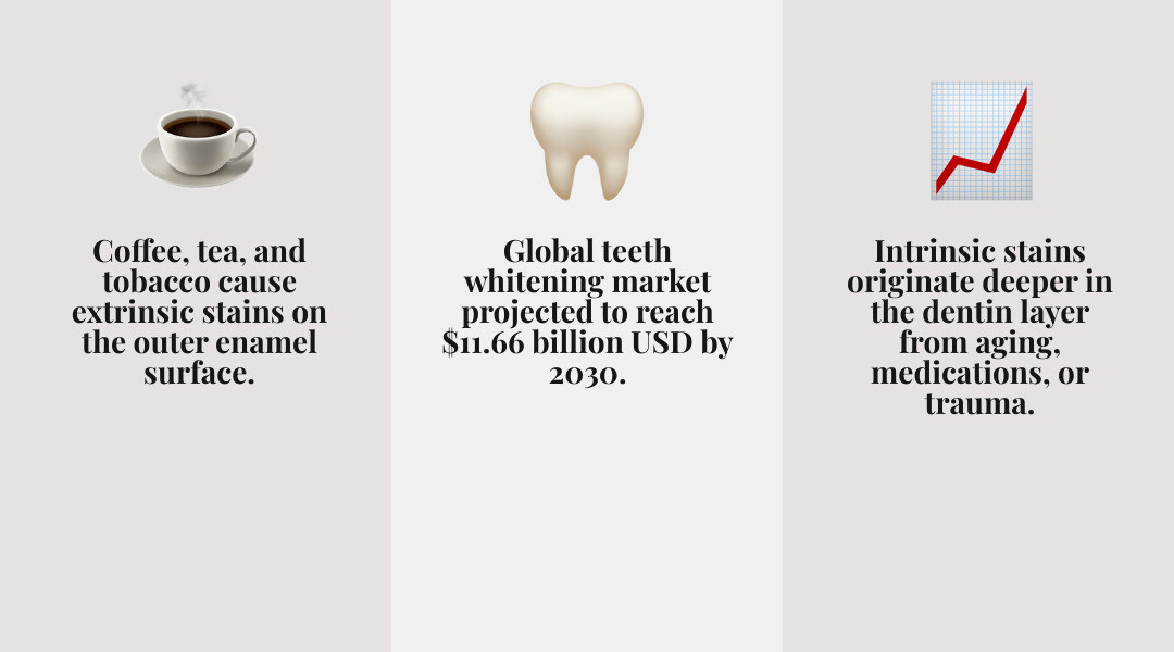 Infographic showing the two main types of tooth stains (extrinsic vs intrinsic), common causes like coffee, wine, tobacco, aging, and medications, and a spectrum of removal options ranging from whitening toothpaste and rubber erasers on the mild end, to whitening strips and custom trays in the middle, to professional in-office whitening for deep or stubborn stains, with a note that the global teeth whitening market is projected to reach $11.66 billion USD by 2030 - tooth stain remover infographic 3_facts_emoji_grey