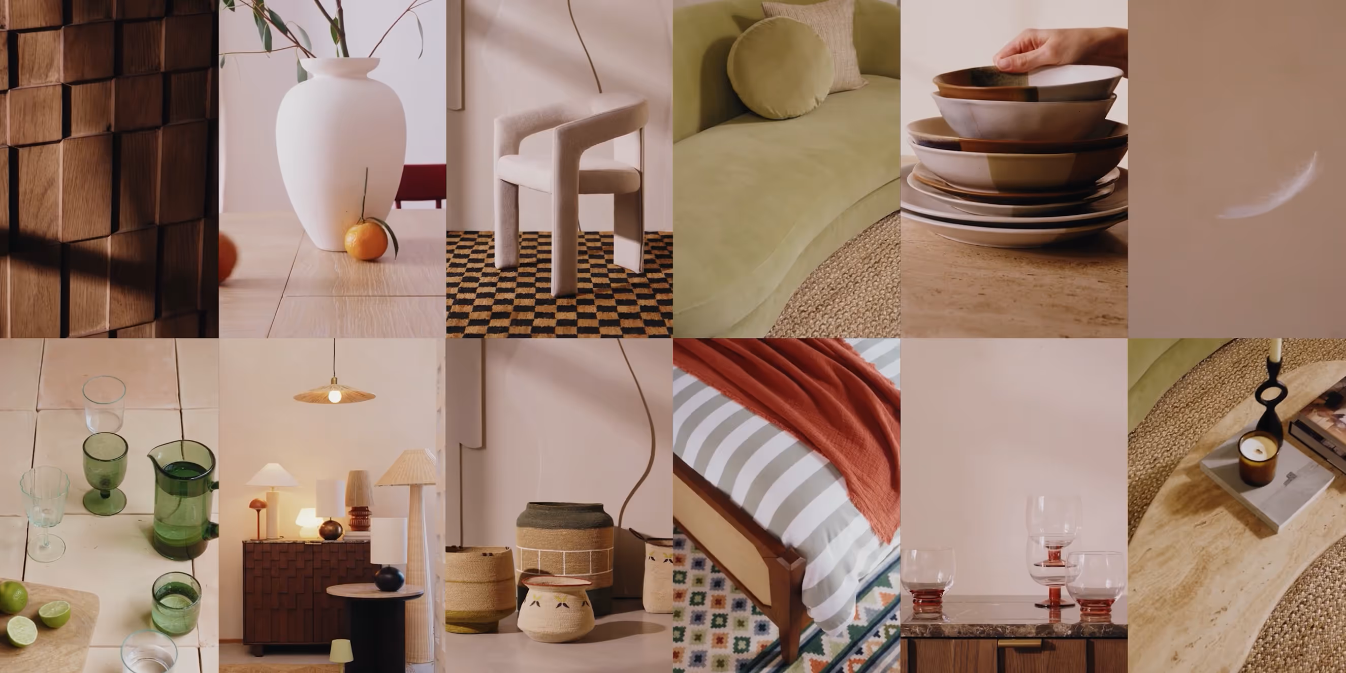 Collage of modern home decor featuring wooden wall panels, a white vase with a mandarin, beige chair on patterned carpet, green sofa with round pillow, stacked ceramic plates, green glassware, lamps and baskets, a bed with striped bedding and red throw, wine glasses on a cabinet, and a candle on a textured coffee table.
