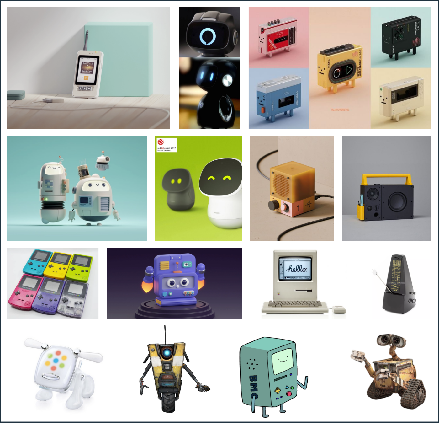 A collage of inspiring technology, art, and characters.
Some of these include - Gameboy Color, iDog, Bmo, Wall-e, 1980's mac, metronome, cassette tape.