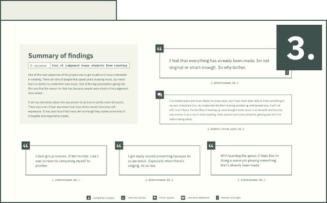 Summary of findings.

Validated assumption - Fear of judgement keeps students from learning.

One of the main objectives of this project was to get students of music interested in creating. There are tons of people that spend years studying music, but never learn or bother to create their own music. One of the big assumptions going into this was that the reason for that was because people were afraid of the judgement from others. 

From my interviews alone this was proven to be true on pretty much all counts. There was a ton of fear expressed over how others would view ones self expression. It was also found that many felt as though they lacked some kind of intangible skill required to create.