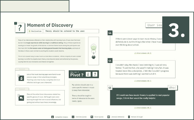 Moment of discovery.

Many of my interviewees reflected on their relationship with learning music. It was clear that most learners had tough experiences while learning in a traditional setting. Many of these experiences would go on hinder the growth of the learner. A common theme found among the participants was that many felt that the lessons were not being geared towards their learning styles, and many of the ideas in theory were not tied to anything the students could relate to.

This in turn caused many to view music as more like an academic.  While a majority of users started learning in an effort to properly learn theory, many became bored and bothered by the process, causing them to lose motivation and interest all together. 