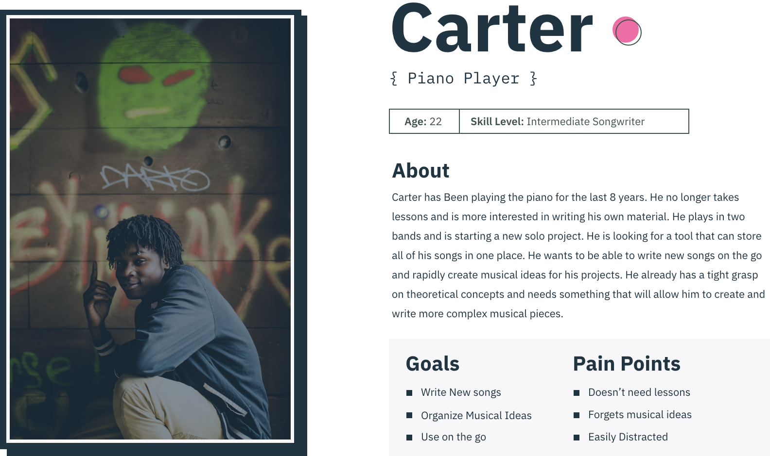 Persona 4 - Carter
Carter has Been playing the piano for the last 8 years. He no longer takes lessons and is more interested in writing his own material. He plays in two bands and is starting a new solo project. He is looking for a tool that can store all of his songs in one place. He wants to be able to write new songs on the go and rapidly create musical ideas for his projects. He already has a tight grasp on theoretical concepts and needs something that will allow him to create and write more complex musical pieces.