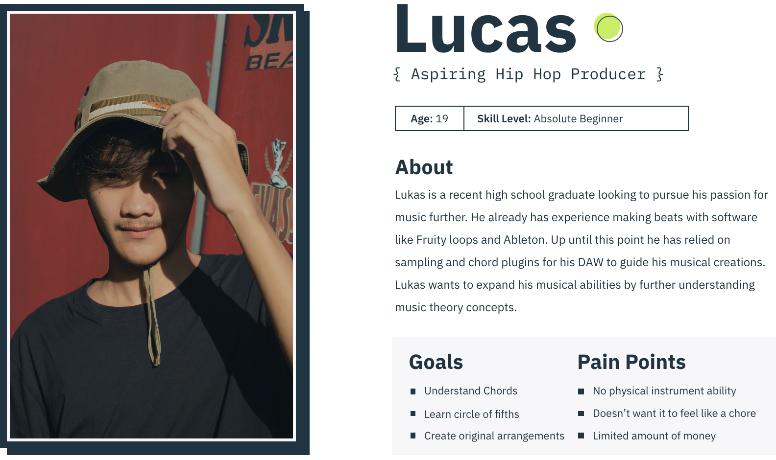 Persona 1 - Lucas
Lukas is a recent high school graduate looking to pursue his passion for music further. He already has experience making beats with software like Fruity loops and Ableton. Up until this point he has relied on sampling and chord plugins for his DAW to guide his musical creations. Lukas wants to expand his musical abilities by further understanding music theory concepts.