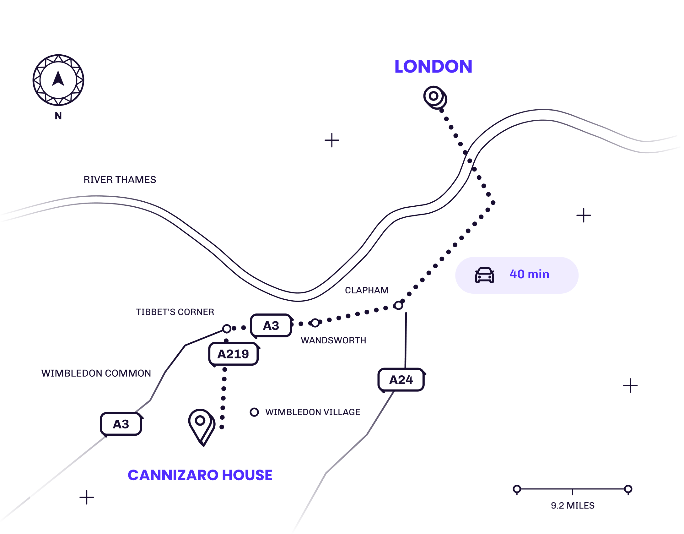 Map of the route from central London to Cannizaro House in Wimbledon