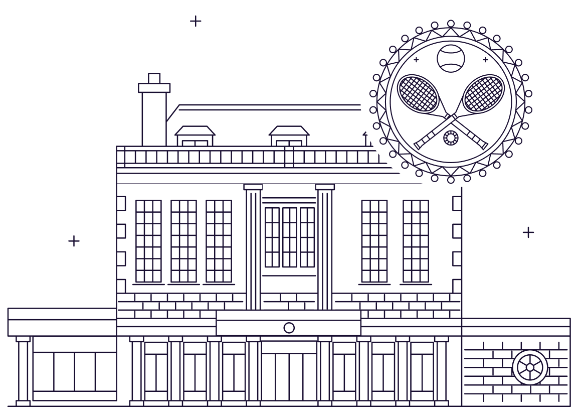 Line illustration of Cannizaro House with a Wimbledon tennis racket crest
