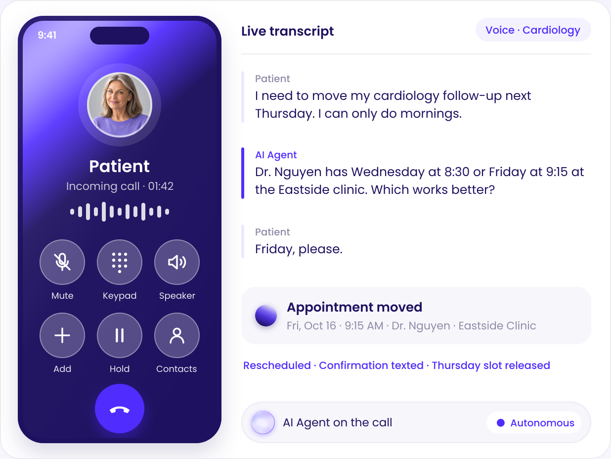 Voice AI agent rescheduling a cardiology follow-up with a live transcript