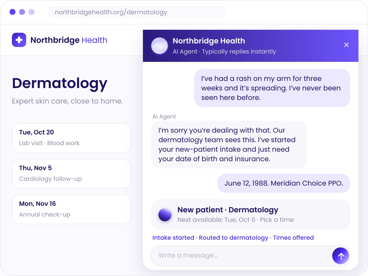 AI agent in a clinic website chat starting new-patient intake and routing to dermatology