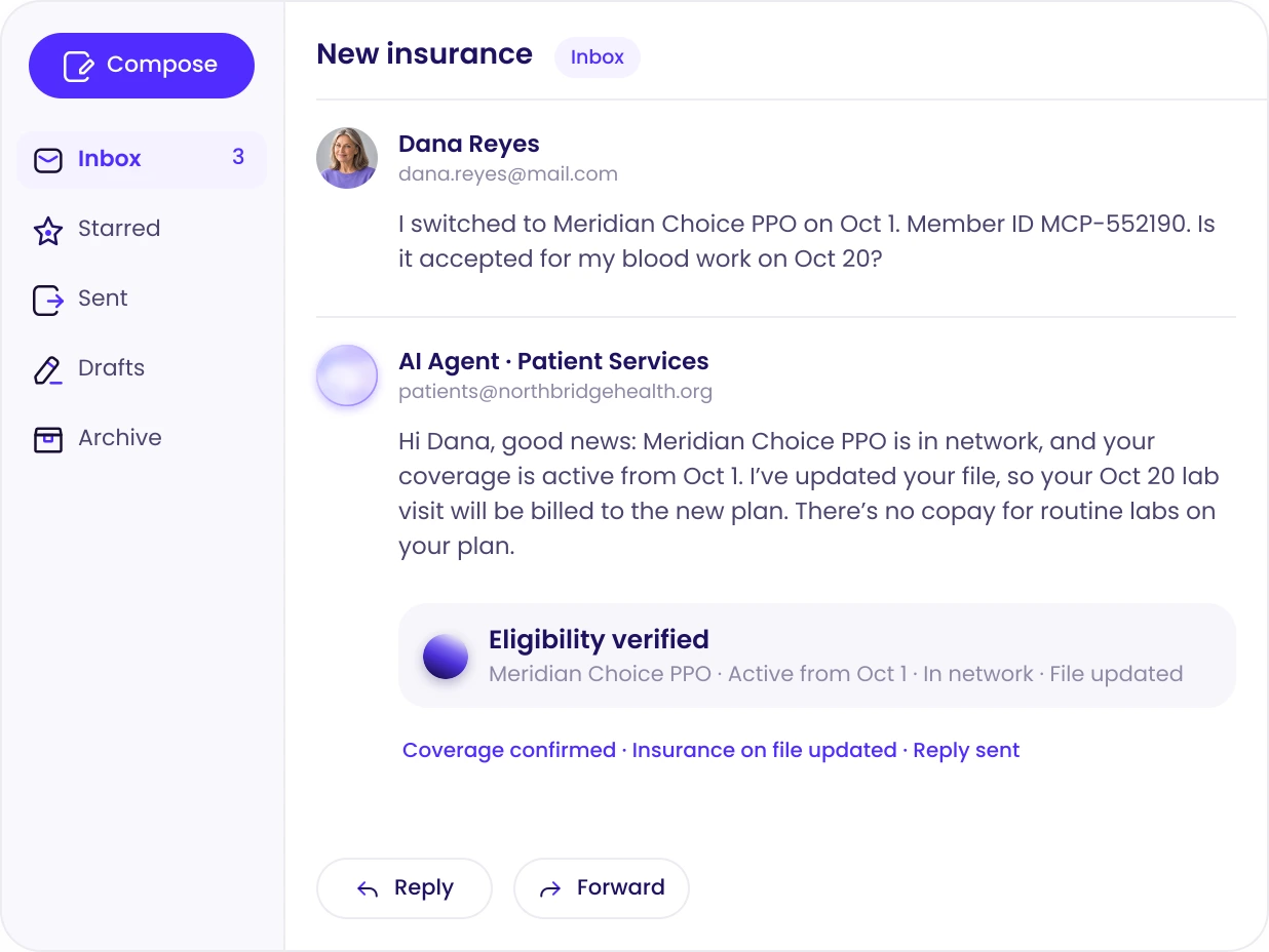 AI agent replying by email to confirm a patient's new insurance is in network