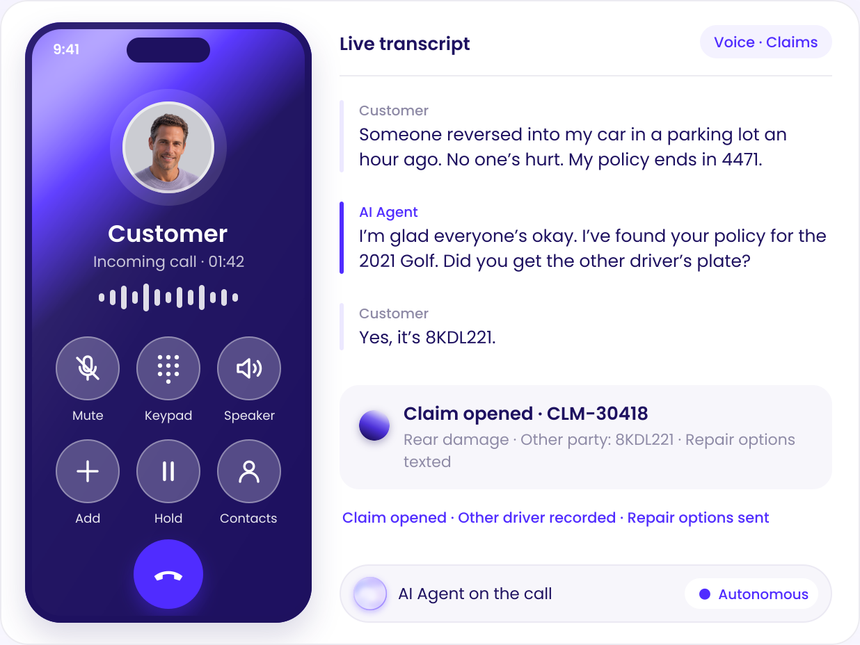 Voice AI agent opening a motor claim with a live transcript