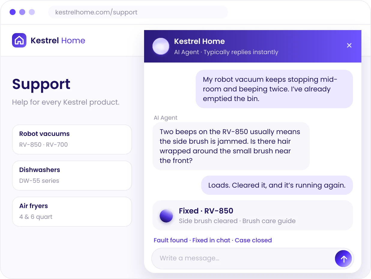 Website chat where the AI agent troubleshoots a robot vacuum fault and closes the case