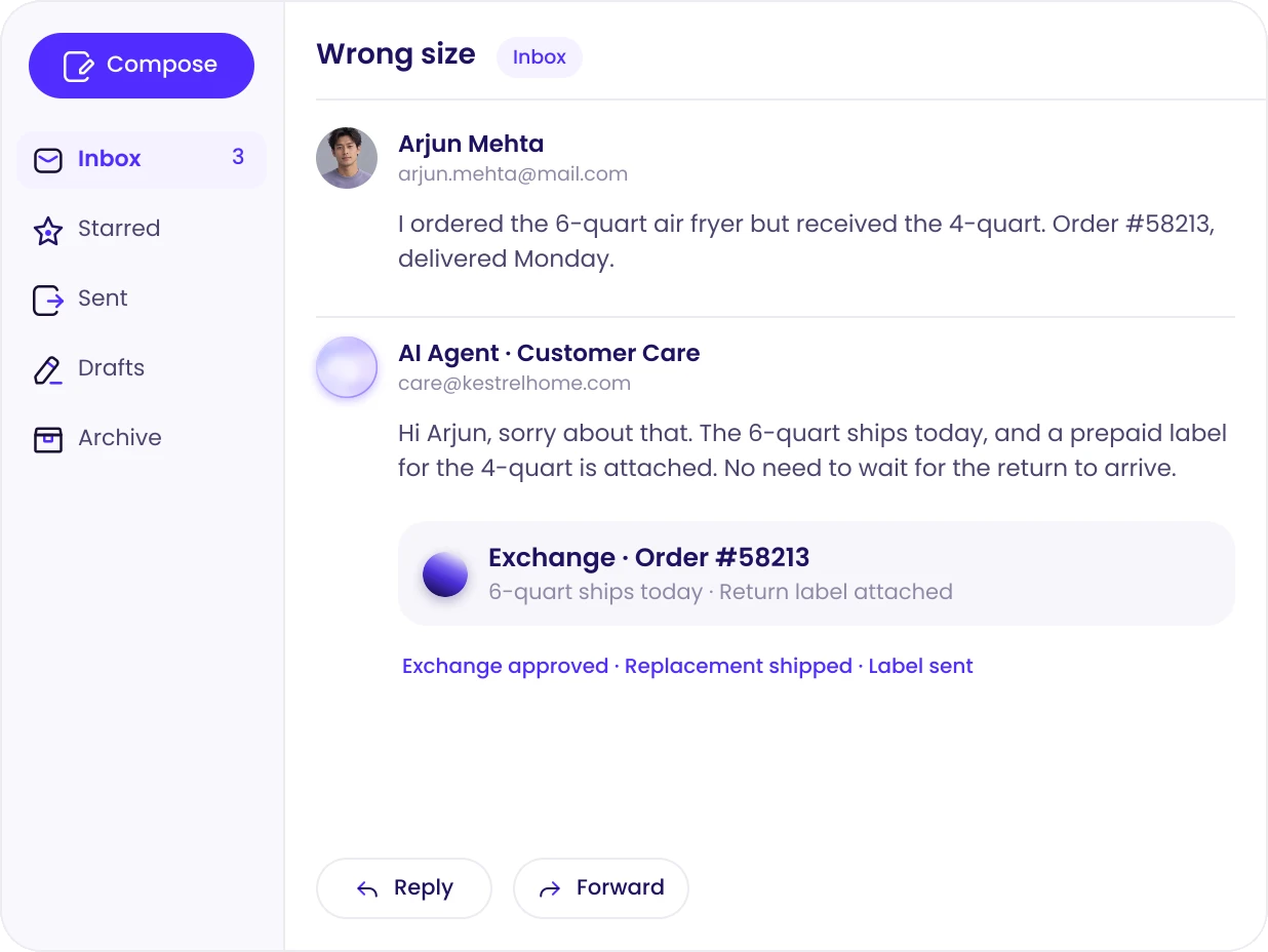 AI agent replying by email to exchange a wrong-size air fryer order