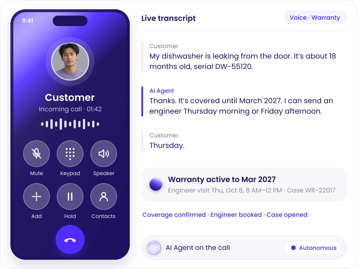 Voice AI agent confirming dishwasher warranty and booking an engineer with a live transcript