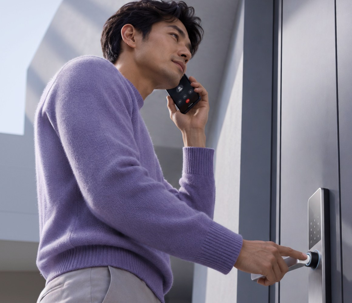 Customer on the phone while trying to open his smart lock
