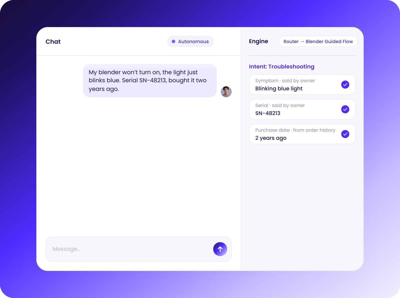 Chat where the AI agent understands a blender fault while the Engine checks model, serial and symptoms