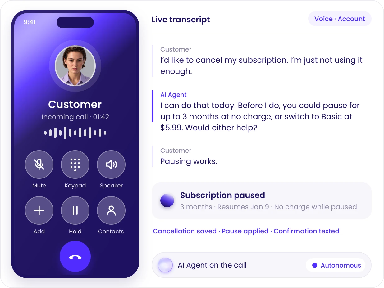 Voice AI agent pausing a subscription instead of cancelling, with a live transcript