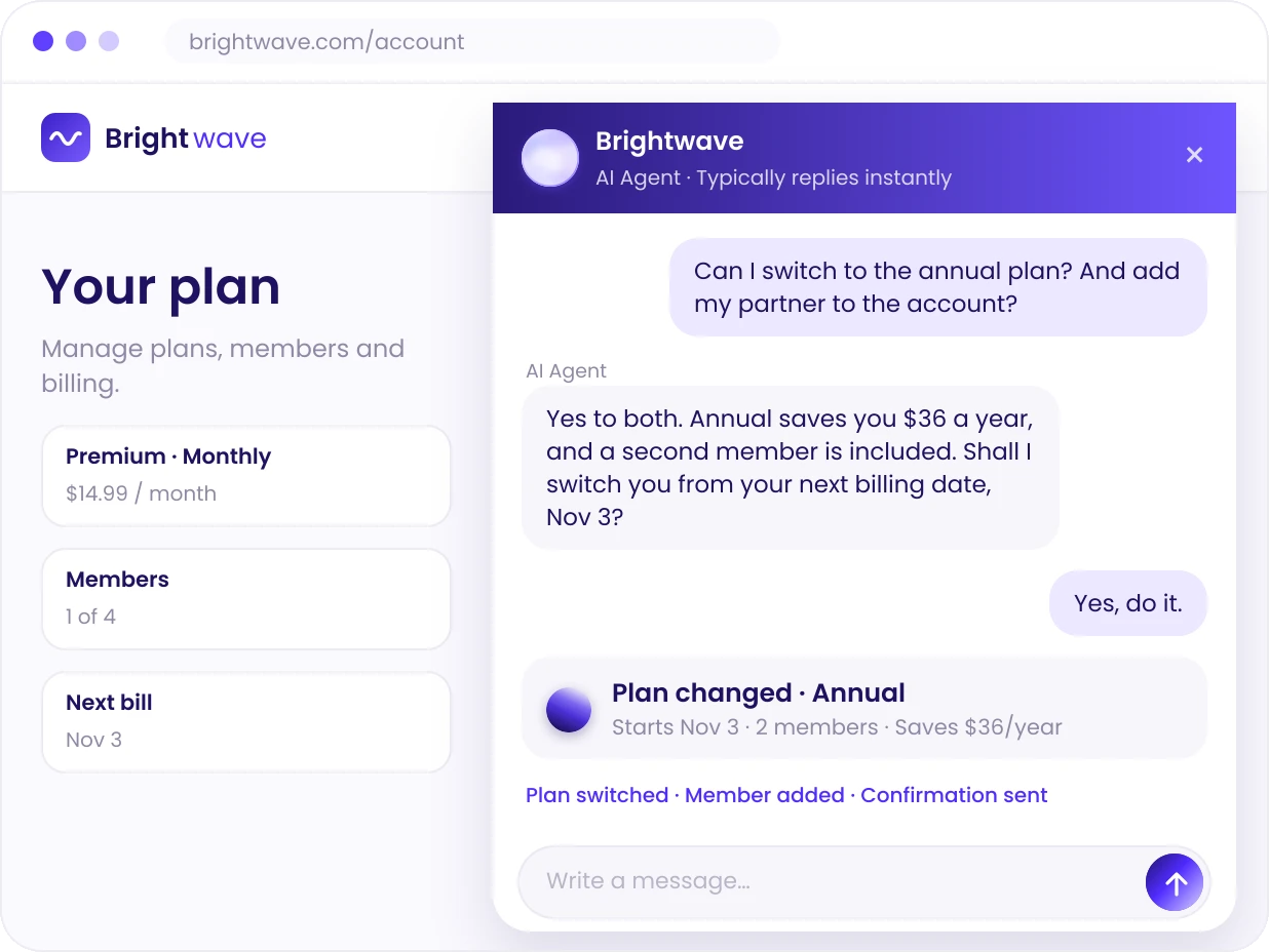 Website chat where the AI agent switches a customer to an annual plan and adds a member