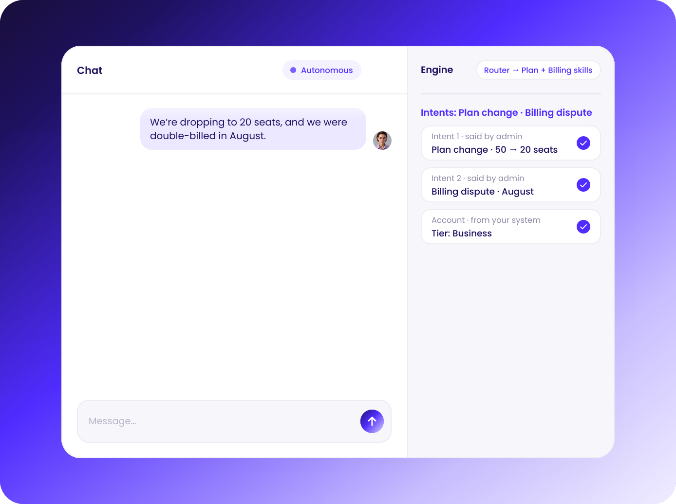 Chat where the AI agent understands a seat change and billing dispute while the Engine checks the account