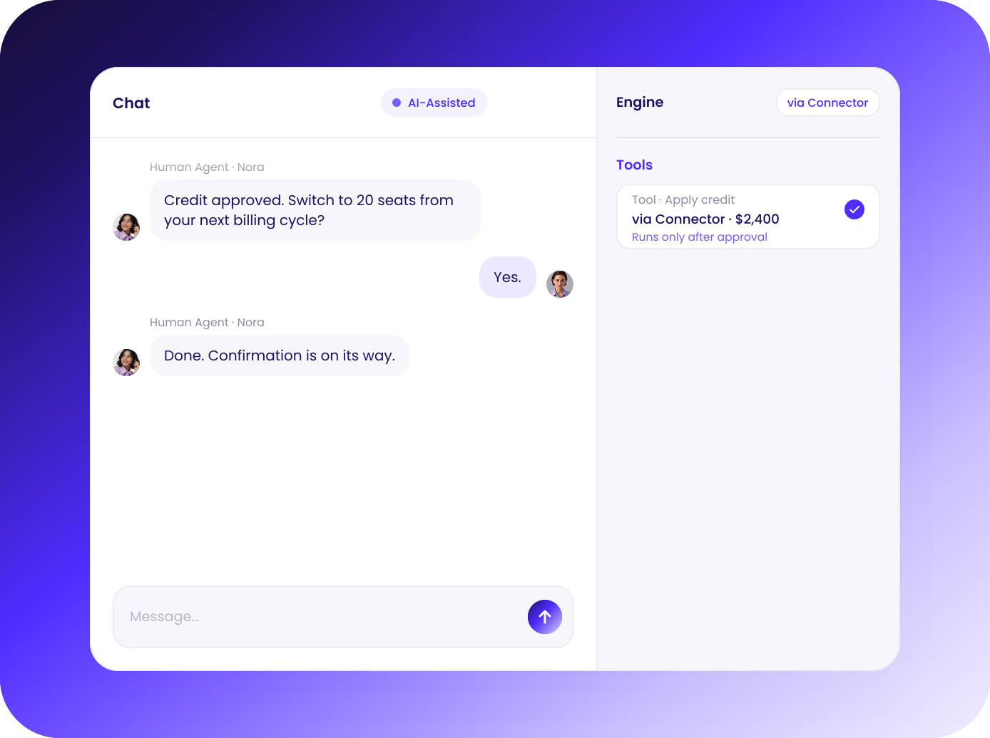 Credit applied, plan changed and CRM updated through connectors with a full audit trail