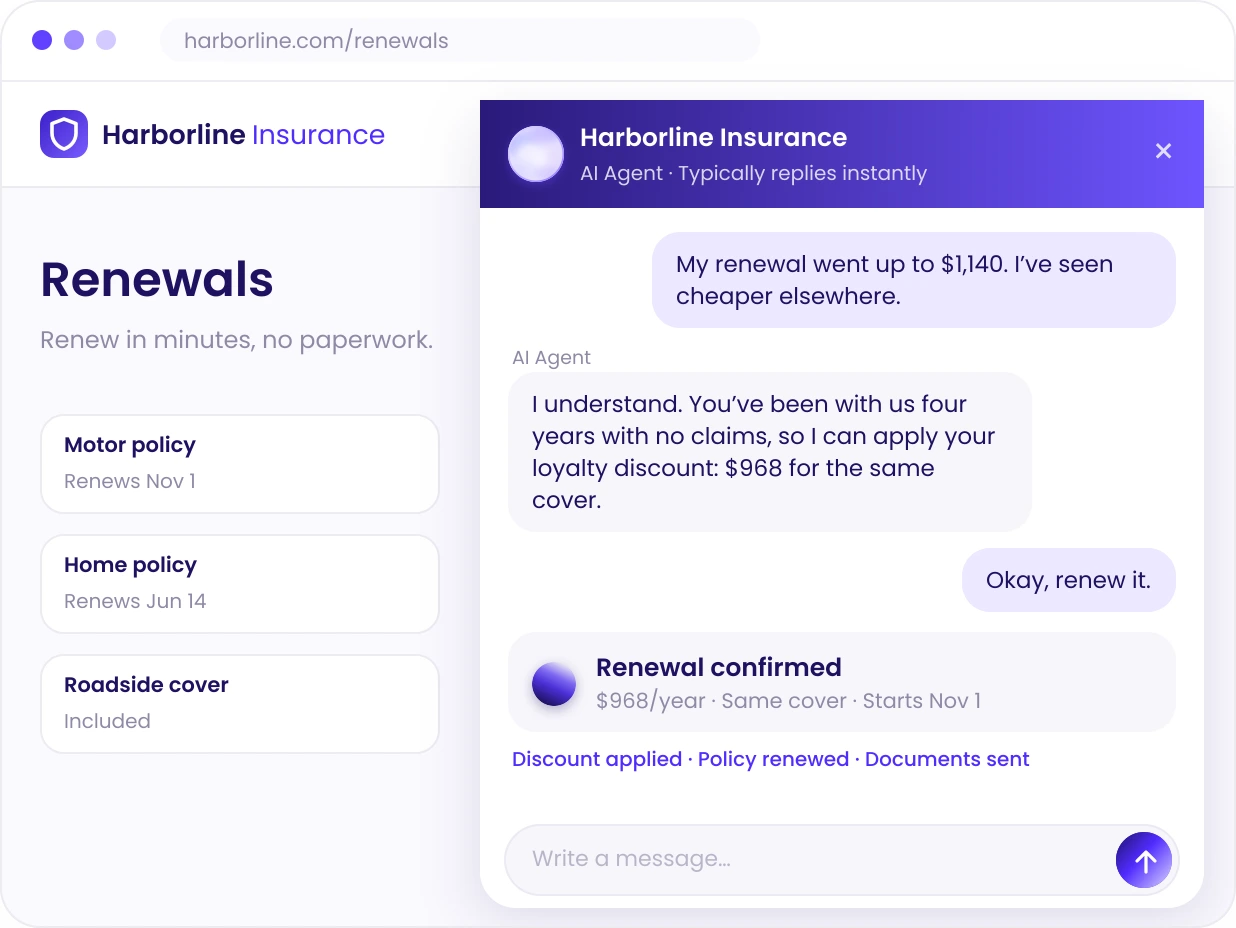 AI agent in a website chat applying a loyalty discount and confirming a policy renewal