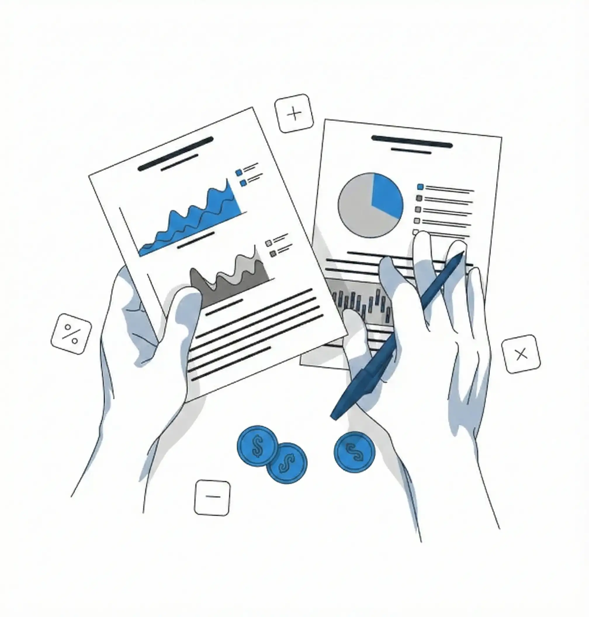 Illustration of hands analyzing financial documents with charts and a pen, surrounded by currency symbols and arithmetic symbols.
