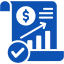Blue icon of a business plan featuring a document with a dollar sign and upward trending bar chart.
