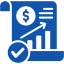 Blue icon of a business plan featuring a document with a dollar sign and upward trending bar chart.