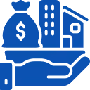 Blue icon of a hand holding a money bag with dollar sign, building, and house symbolizing finance or investment.