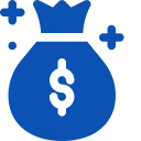Blue money bag icon with a dollar sign and sparkles around it.