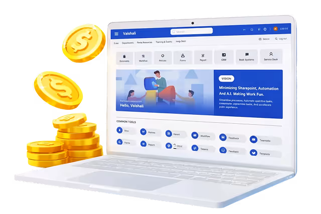 White laptop displaying an intranet dashboard with menus and a welcome message, next to stacks of gold coins and floating gold coin icons.