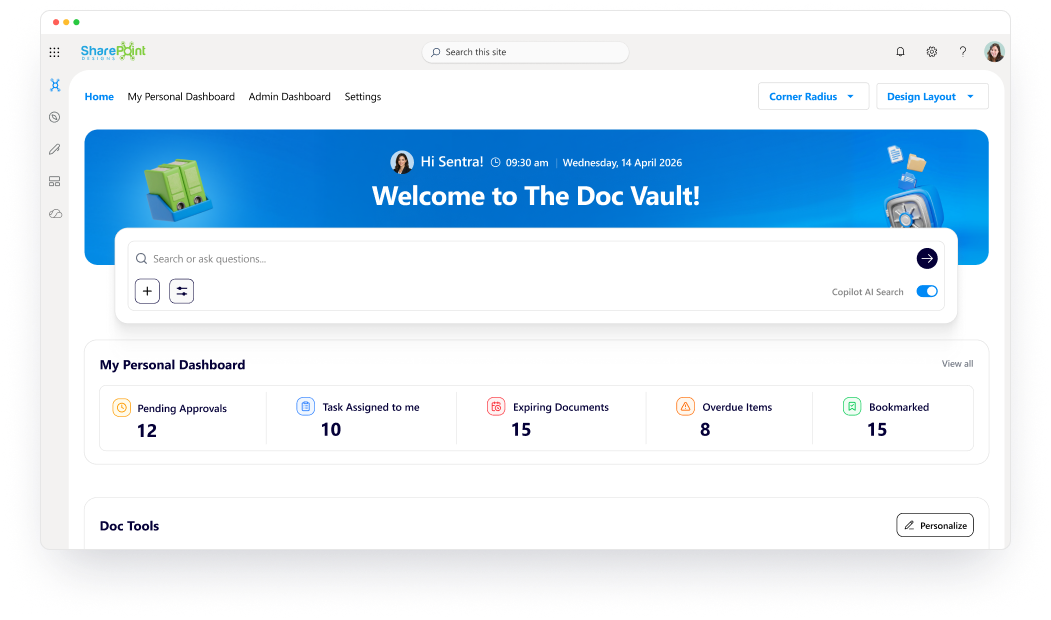 Dashboard screen of The Doc Vault showing search bar, approval and task stats, with blue banner greeting the user.