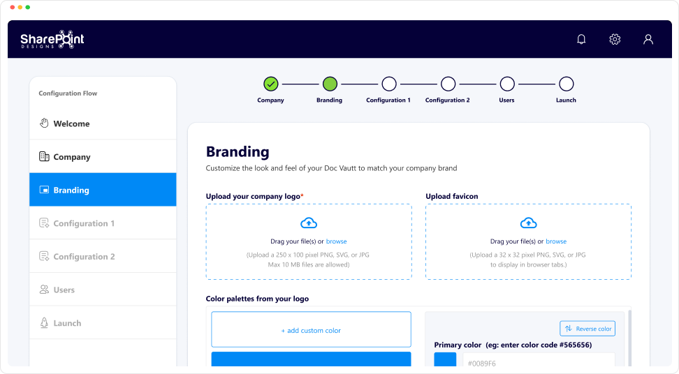 Web interface for branding setup in Doc Vault, showing logo and favicon upload options and color palette settings.