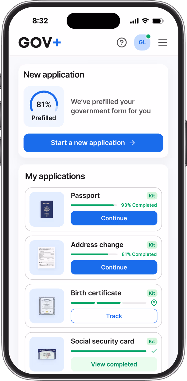 Mobile app screen showing GOV+ with 81% prefilled government application and sections for Passport, Address change, Birth certificate, and Social security card applications with progress bars and action buttons.
