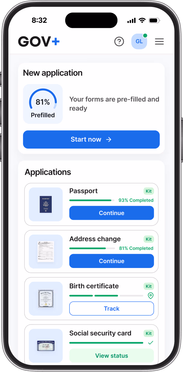 Mobile app screen showing GOV+ with 81% prefilled government application and sections for Passport, Address change, Birth certificate, and Social security card applications with progress bars and action buttons.