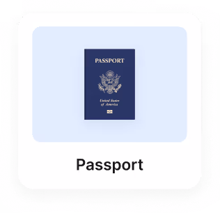 United States passport with navy blue cover and gold emblem and text.