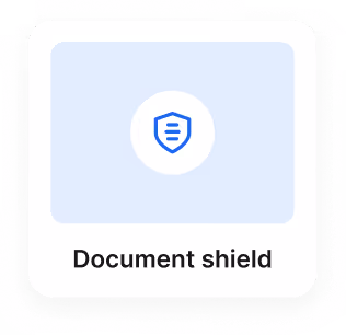 Blue shield icon with lines representing a document inside on a light blue rounded square background.
