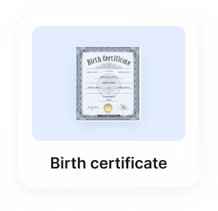 Birth certificate with official border, seal, and typed information fields.