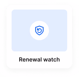 Blue shield icon above the text Renewal watch on a soft blue rounded square background.