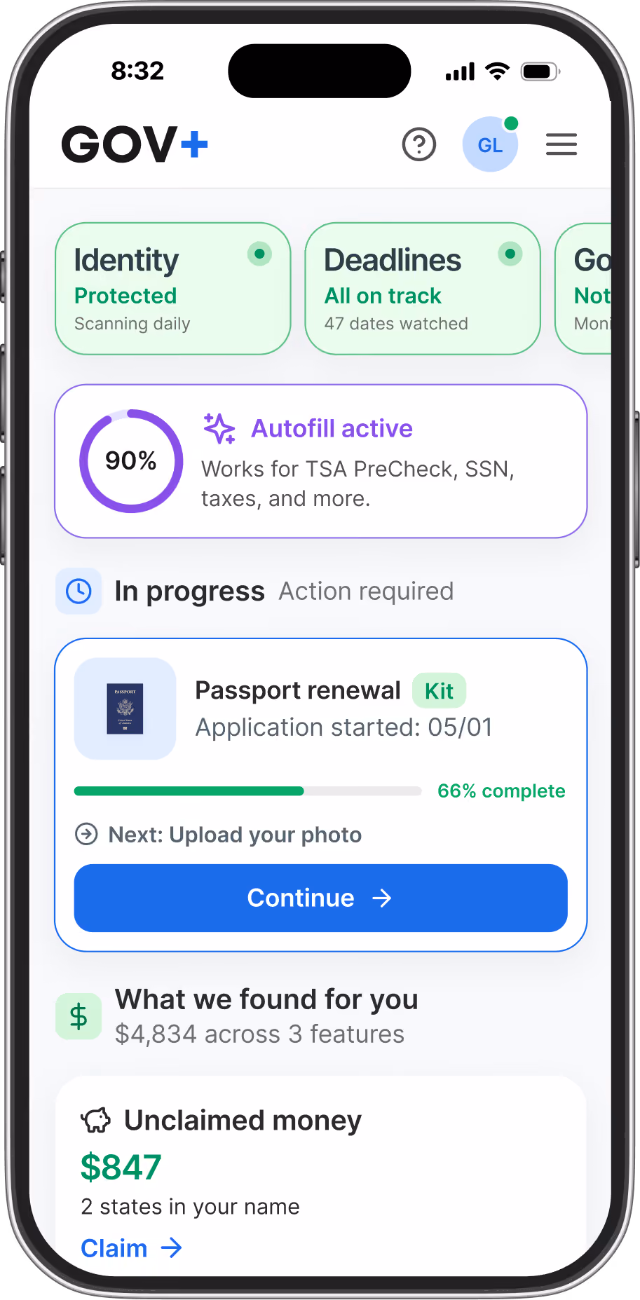 Mobile app screen showing GOV+ with 81% prefilled government application and sections for Passport, Address change, Birth certificate, and Social security card applications with progress bars and action buttons.