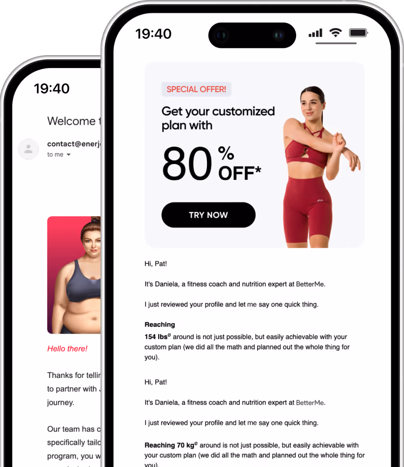 Digital mockup showing a fitness app screen on a smartphone offering a customized plan with 80% off, featuring a smiling woman in red workout clothes stretching her arm, with a message from fitness coach Daniela about achievable weight goals and personalized plans.