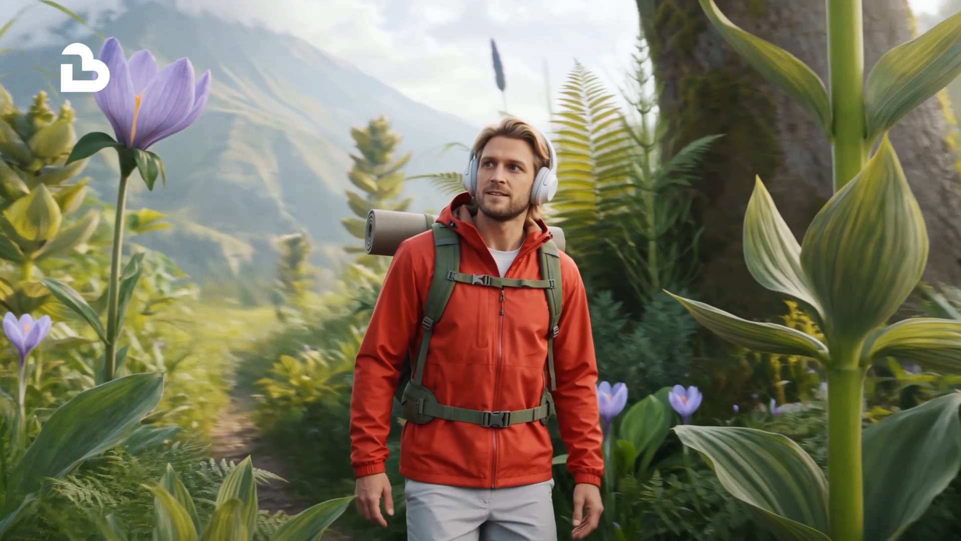 Frame from the and action AI film for the Bukovel summer campaign: a mountaintop above the clouds