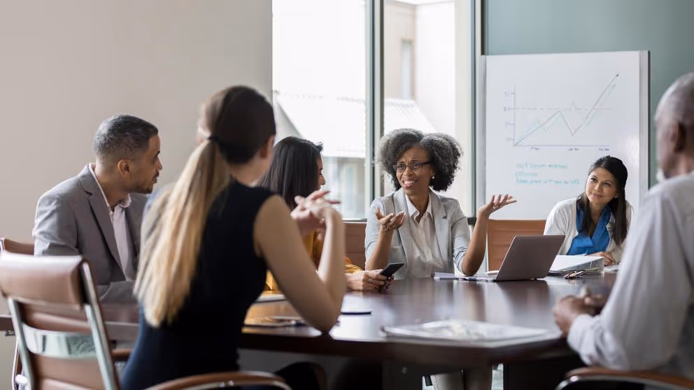 Nonprofit organization board members in a meeting.