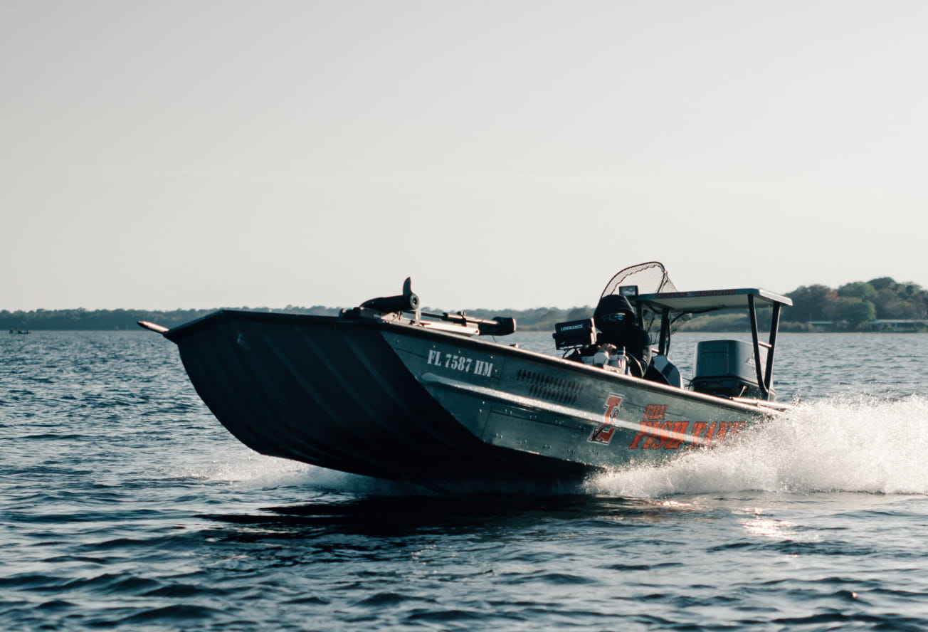 a powerboat out on the water