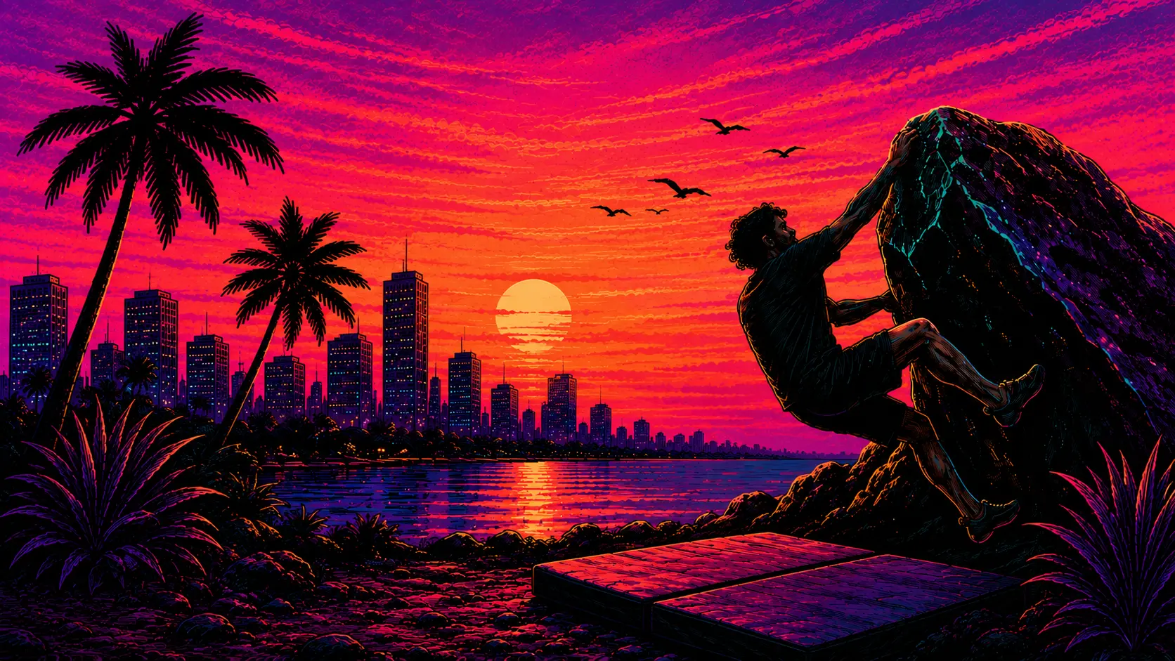 Illustration of male climber climbing a boulder surrounded by palm trees.