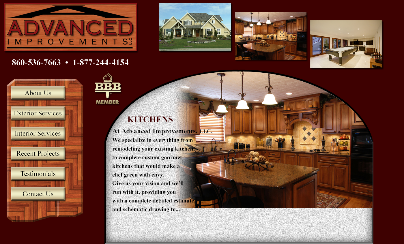 Image of the Advance Improvements website home page.